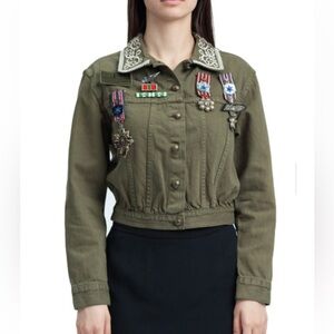 Alice and Olivia small Chloe Women's Olive Military Jacket cropped denim